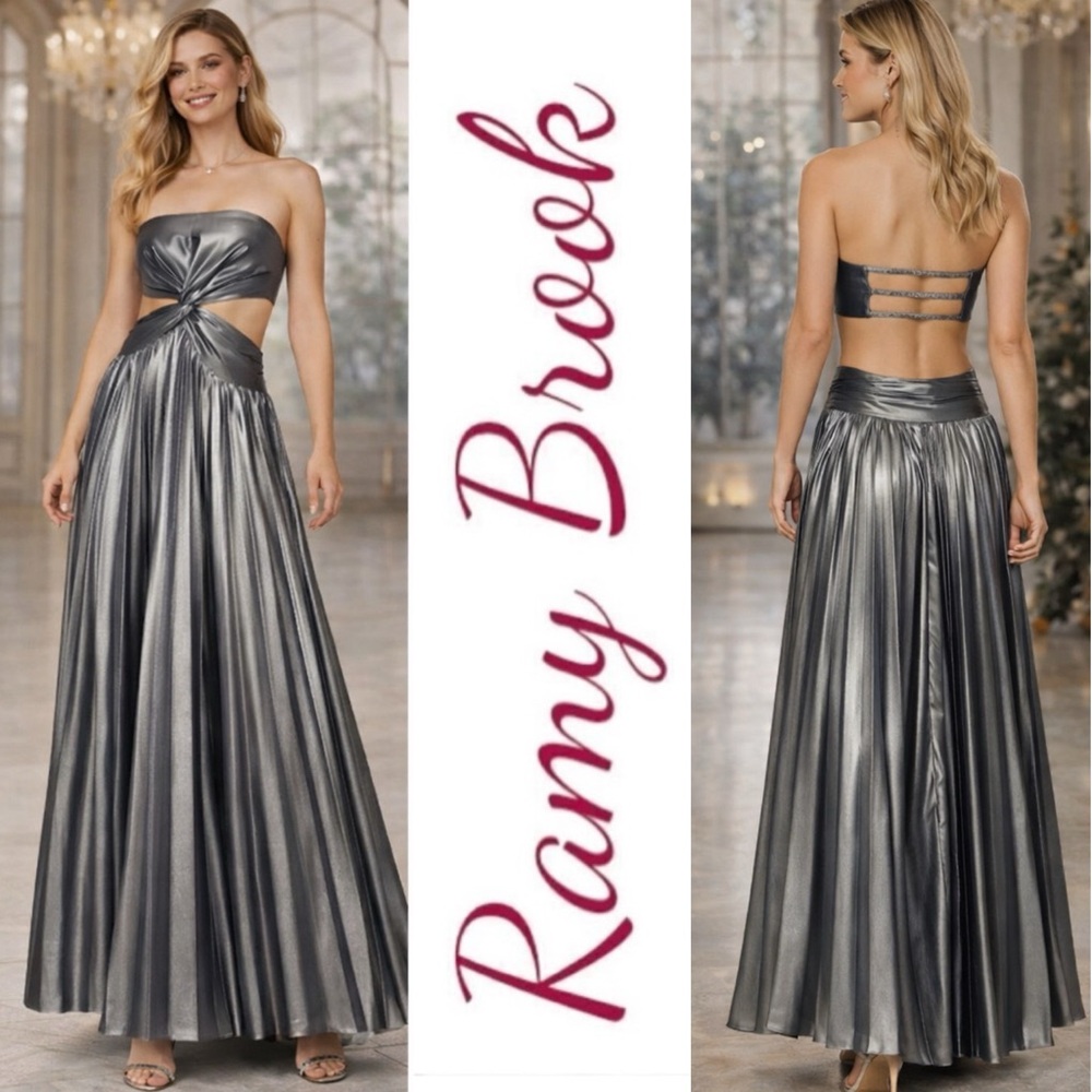 RAMY BROOK Destiny Gown Gunmetal Silver Strapless Pleatedβ Cutout Black Tie, 8